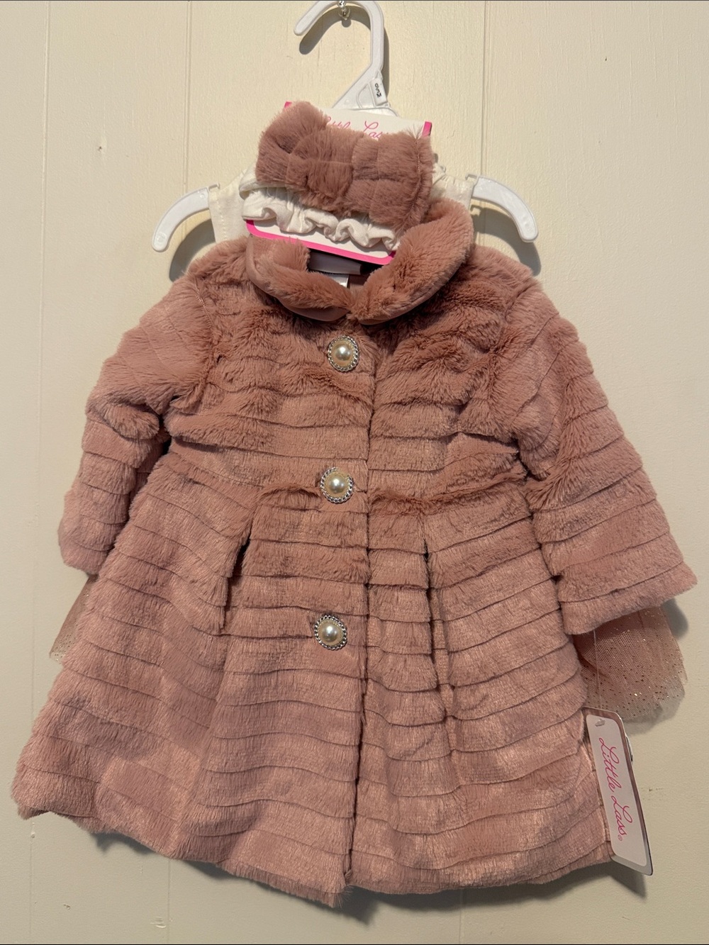 Girls' Pink Faux-Fur Coat with Pearl Buttons